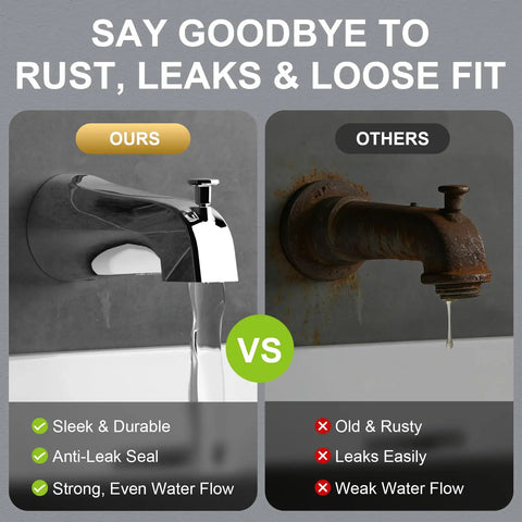 Comparison between sleek slip-on tub spout and old, rusty spout; Slip On Tub Spout With Diverter For Five Inch Tub Chrome Finish Fits One Half Inch Copper Pipe And Five Eighth Inch Diameter Easy Pull Up Install Works With American Standard Tub Spout.