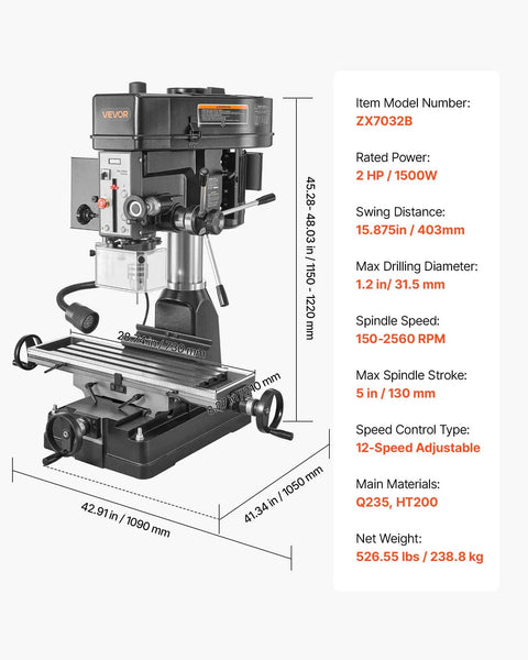 Smooth Running Benchtop Mill Drill Press With Kickass 2 HP Motor And 15.875 Inch Swing Range 150 To 2560 RPM Adjustable Speed features detailed specs.