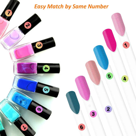 Clear Nail Swatch Sticks Kit With Split Ring And 100 Transparent Sticks, Includes Holographic Number Stickers 1-100 For Nail Art Practice shown with matching polish.