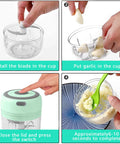 Instruction steps for Compact Electric Mini Vegetable Chopper, USB Rechargeable Garlic Slicer And Onion Dicer use with garlic preparation.