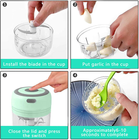 Instruction steps for Compact Electric Mini Vegetable Chopper, USB Rechargeable Garlic Slicer And Onion Dicer use with garlic preparation.