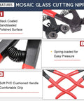 12 Piece Heavy Duty Stained Glass Mosaic Tools Kit With Wheeled Glass Tile Nippers And Cutters Pliers And Diamond Coated Handles showing features of black coated surface, spring mechanism, and cushioned grip