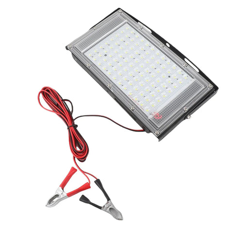 Yechiry Flood Light Board for Camping and Emergencies with 100W LED, featuring red and black power clips and weather-resistant housing.
