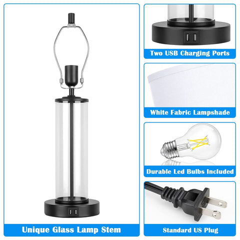 Touch Control Bedside Lamps With 2 USB Ports 3 Way Dimmable LED Table Lamps Set Of 2 for Living Room or Nightstand, glass stem shown.