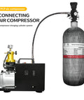 Carbon Fiber Paintball HPA Air Tank 2L 122 Cu In 4500 PSI PCP System With Dual Gauge Valve connected to air compressor