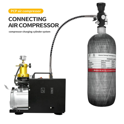 4500 Psi Carbon Fiber 2L HPA Paintball Tank System connected to an air compressor, showcasing CE approval and high-pressure capacity.