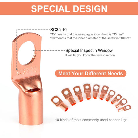 Front view of copper wire lug terminal connector with ring eyelet; heat shrink set included.