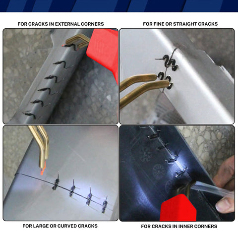 Plastic Weld Kit for DIY Car Bumper and Plastic Part Repairs with hot staples fixing various crack types with red welding gun.