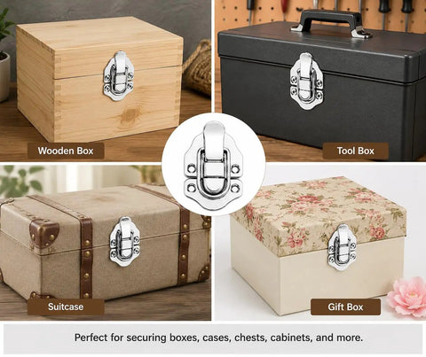 Heavy Duty Toggle Catch Lock Metal Hasp Latch Clasp For Chest Box Gift Bag Suitcase Furniture Hardware DIY With Screws Secure Buckle Strong Build Quality 70x40mm Package on wooden box, tool box, suitcase, and gift box