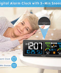 Digital Alarm Clock with 5-Min Snooze next to Wireless Indoor Outdoor Weather Station With Atomic Clock, Large 5.9 Inch HD Color Display, Digital Temperature Humidity Monitor, Barometer, Comfort Indicator, And Adjustable Backlight For Clear Readouts.