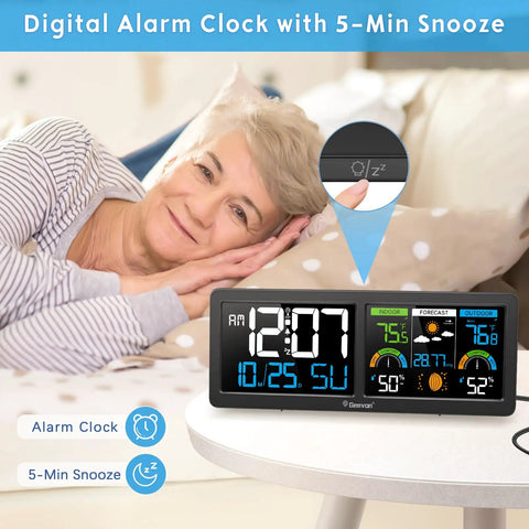 Digital Alarm Clock with 5-Min Snooze next to Wireless Indoor Outdoor Weather Station With Atomic Clock, Large 5.9 Inch HD Color Display, Digital Temperature Humidity Monitor, Barometer, Comfort Indicator, And Adjustable Backlight For Clear Readouts.