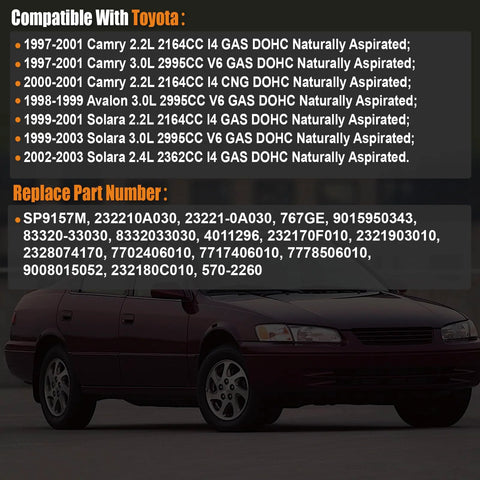 Toyota Fuel Pump Assembly Replacement for Camry, Avalon and Solara with compatibility and part numbers displayed.