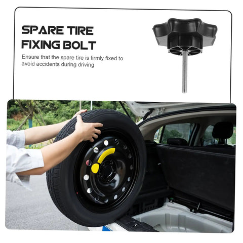 Spare Tire Bolt For Easy Safety Mounting And Strong Hold Down Hardware Fits Multiple Car Models Quick Install No Tools Needed Durable High Strength Retaining Screw For Reliable Vehicle Security, shown with a person mounting a spare tire in a car trunk.