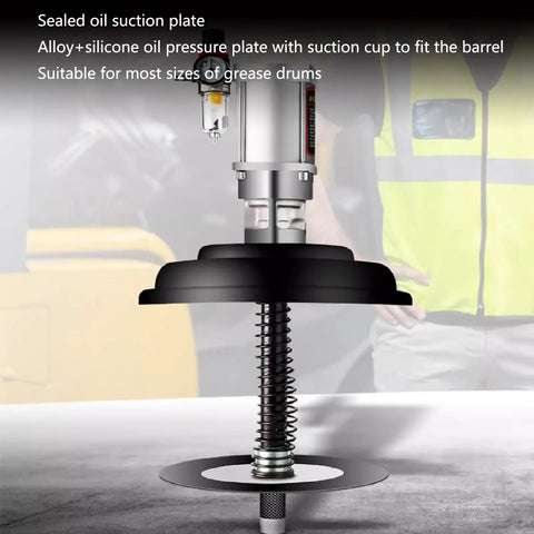 Sealed oil suction plate for grease drums, alloy-silicone design, compatible with Built Tough Pneumatic Grease Pump With 80 To 1 Pressure Ratio.