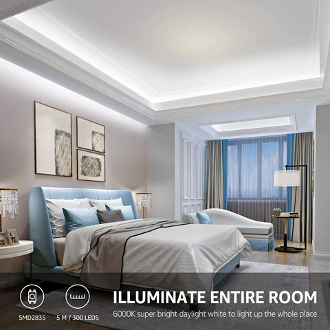 Bedroom with 16.4Ft Dimmable LED Strip Lights With 300 High Brightness 2835 LEDs, Daylight White 6000K, lit ceiling