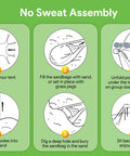Instruction diagram for Spacious 10x10 Beach Tent Sun Shelter UPF50+ With 8 Sandbags Ground Pegs Stability Poles And Sand Shovels.