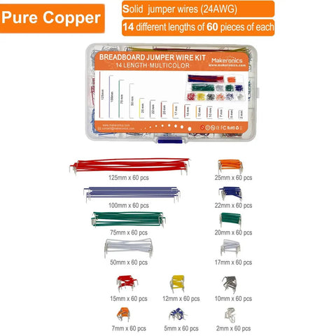 840 Piece Jumper Wire Kit With 14 Lengths For Breadboard Prototyping And Solder Circuits, Includes Storage Box, 24 AWG