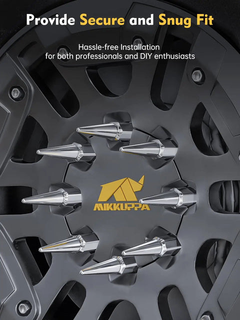 Spike Lug Nuts 32Pcs Set M14x1.5 Chrome Acorn Style on aftermarket wheel for Chevy, GMC, Ford, RAM, 4.4 inch tall close-up
