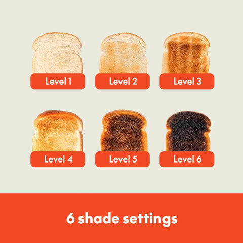 Image showing 6 shade settings on a toast, demonstrating browning levels for the Slick Two Slice Slim Toaster With Hella Long Slots For Versatile Even Heating And A Tight Oat Milk Finish That Ditches Everyday Countertop Clutter While Kicking Out Perfect Crisps Daily.