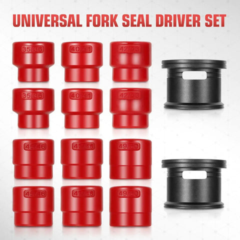 Universal 14 Piece Motorcycle Fork Seal Driver Set With Six Adapters Fits 35 To 50mm Works On Conventional And Upside Down Forks