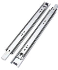 Six Pairs Of 14 Inch Full Extension Ball Bearing Side Mount Drawer Slides For 100 Lb Capacity, zinc finish, shown extended with ball bearings