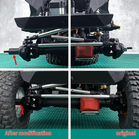 Steel Hex Wheel Spacers Plus Twenty Mm Extended For Axial Scx6 One Sixth Scale Rc Crawler Truck after installation view with modified axle and track width.