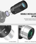 Double installation options for Stepless Zoom 1.25 Inch Telescope Eyepiece 8 to 24mm with 1.25 inch barrel diameter and filter thread.