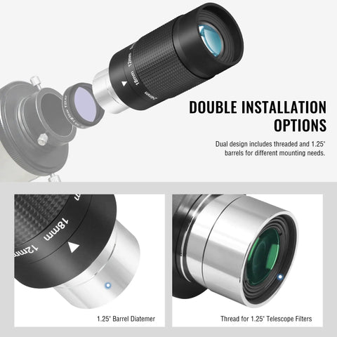 Double installation options for Stepless Zoom 1.25 Inch Telescope Eyepiece 8 to 24mm with 1.25 inch barrel diameter and filter thread.