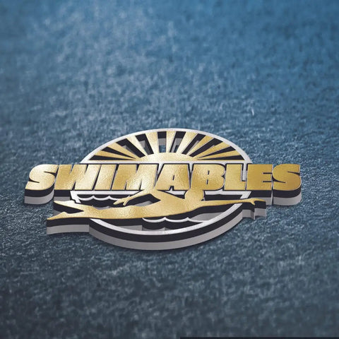Swimables logo with swimmer silhouette and sunburst design on textured background