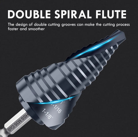 Double Spiral Cobalt Step Drill Bit M35 With Hex Shank Unibit For Metal And Stainless Steel One Quarter To One And One Eighth Inch TiAIN Coated showing spiral flute design