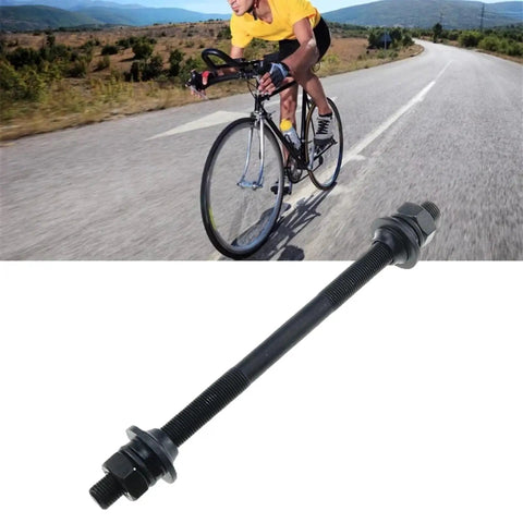 Three Eighths Inch Bicycle Rear Axle Kit With 175 Millimeter Length And Conical Lock Nuts, 26 TPI Thread, axle next to cyclist