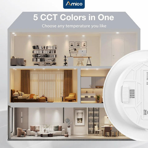 Flat Trim Recessed Can Light Covers For 5 And 6 Inch Housing Dimmable LED Ceiling Fixtures showcasing 5 color temperatures in a home setting.