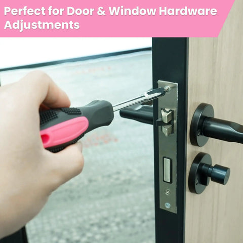 Person using screwdriver from Pink Tool Set For Women With 50-Piece All-In-One Hand Tool Kit for door hardware adjustments