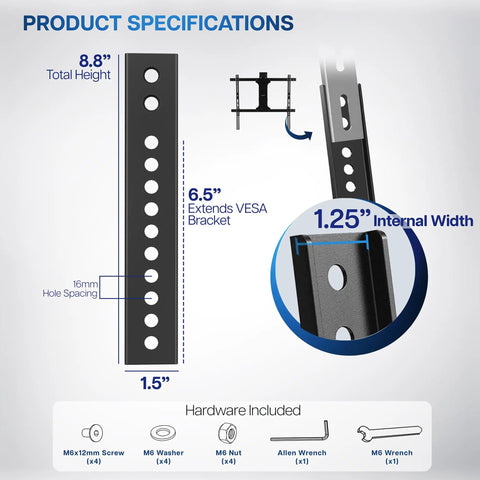 Vertical Vesa Extender Bracket And Adapter Plate For Low Profile Televisions Compatible With Ceiling Mounts, showing dimensions and specifications.