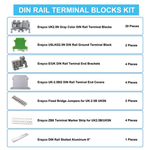 Din Rail Terminal Blocks Kit With UK2.5B Blocks 12 AWG Gauge 20A 600V Rating Includes Ground Blocks Jumpers End Brackets End Covers Marker Strips And 8 Inch Aluminum Rail For Fast Pro Grade Wiring.