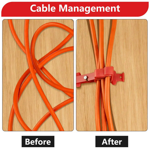 Goouu 40 Pcs Multi Cable Staples For Securing Low Voltage Wires efficiently organizing red cables on a wooden surface before and after.