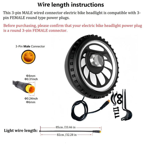 Lit LED Front Light With Horn For Night Riding On E Bike Waterproof 3 Pin Plug Color Changing Modes Low And High Beam Daytime Light Front Fork Mount For 36V 48V Fat Tire E Bikes