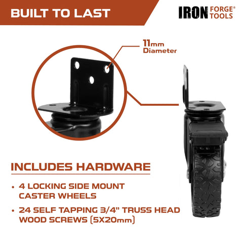 Side Mount Swivel Caster Wheels Set of 4 for Furniture and Cart, L shaped black plate, knobby tire, close-up