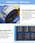 Heavy Duty Manual Hydraulic Hose Crimper With Seven Quick Swap Die Sets For Braided And Single Lines Built Like A Tank For Excavator And Fleet Maintenance Crews showing carved machine head details.