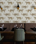 Clean Leopard Print Neutral Vinyl Wall Covering Featuring A Slick Leather Texture And Top Shelf Commercial Durability For Your Next Epic Home Upgrade Now in a restaurant setting.