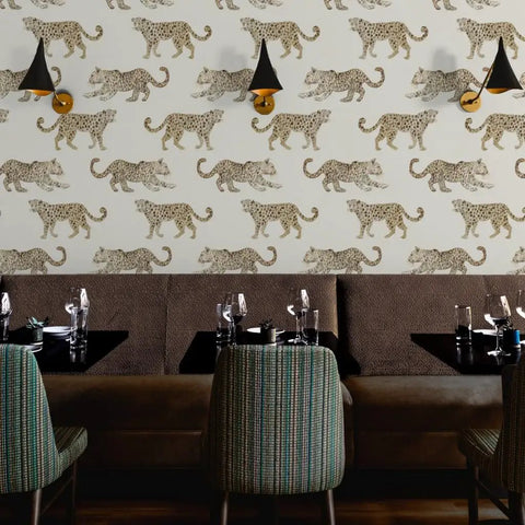 Clean Leopard Print Neutral Vinyl Wall Covering Featuring A Slick Leather Texture And Top Shelf Commercial Durability For Your Next Epic Home Upgrade Now in a restaurant setting.