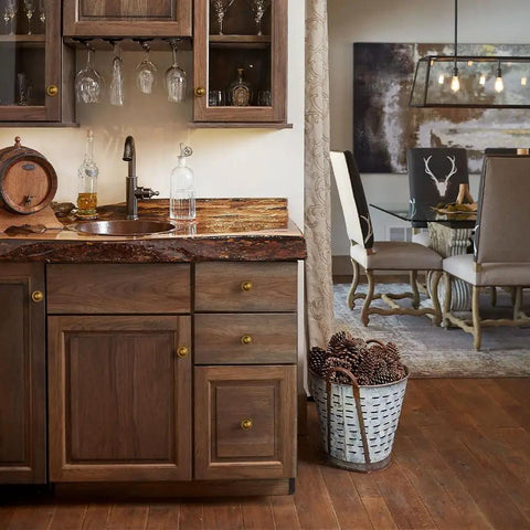 Dope Antique Brass Cabinet Knobs With Flowcrest Backplate Classic Dome Pulls in rustic kitchen setting