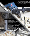 Heavy Duty 1 And 3/4 Inch Forstner Drill Bit Crafted From Tough As Nails 5140 Steel with handheld drill for clean holes.