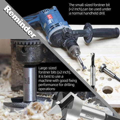 Heavy Duty 1 And 3/4 Inch Forstner Drill Bit Crafted From Tough As Nails 5140 Steel with handheld drill for clean holes.