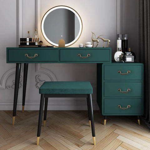 Vanity with Six Pack Drop Cabinet Drawer Pulls With 3-3/4 Inch Center To Center Bail Handles In Yellow Bronze Finish