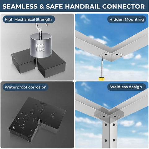 Top Tier Bulletproof Black Corner Connector For 90 Degree Cable Deck Hand Rail High Strength Pom Top Rail Fitting Seamless Hidden Joining Hardware Two Pack, showing waterproof corrosion and weldless design.