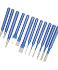 Pro Grade 12 Piece Chisel Punch Kit With Cylindrical Conical And Flat Center Punches Heavy Duty CRV V Steel arranged on white background