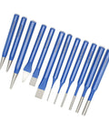 12 Piece Chisel Punch Kit With Conical Cylindrical Flat And Tapered Chisels In CRV V Chrome Vanadium Steel For Metalworking Automotive Repair And DIY Pro Engraving And Punching Tools displayed on white background