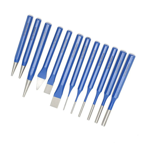 Premium 12 Piece Chisel Punch Kit For Pros Featuring CRV V Steel Conical Flat And Center Punches To Nail Any Engraving Or Metal Work Job With Durable Hitting Power And Smooth Surfaces That Make Your DIY Projects Look Totally Rad And Built To Last A, 12-piece blue steel punch set