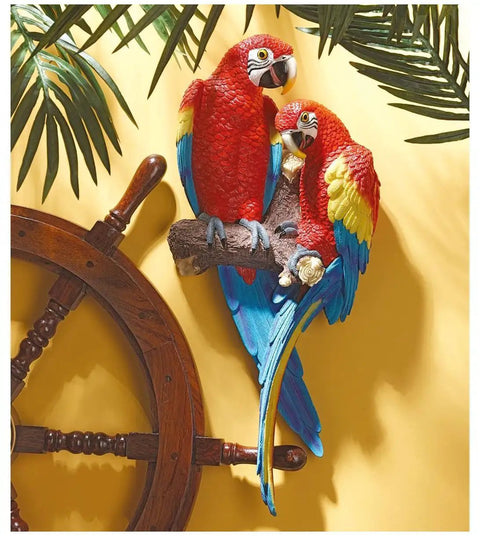 Tropical Scarlet Macaws Wall Sculpture For Living Room And Patio Bright Hand Painted Parrot Wall Art That Echoes Island Vibes South Seas Flair Colorful Exotic Bird Accent For Indoor Walls